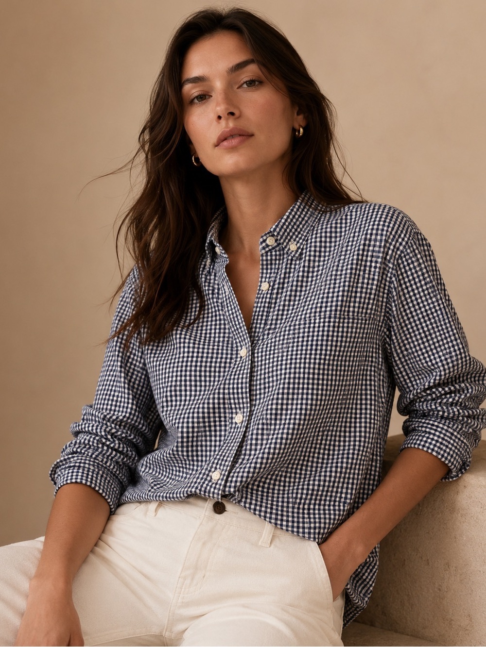 Old Navy Slim Fit Gray Windowpane Button Down Shirt | Women's Medium